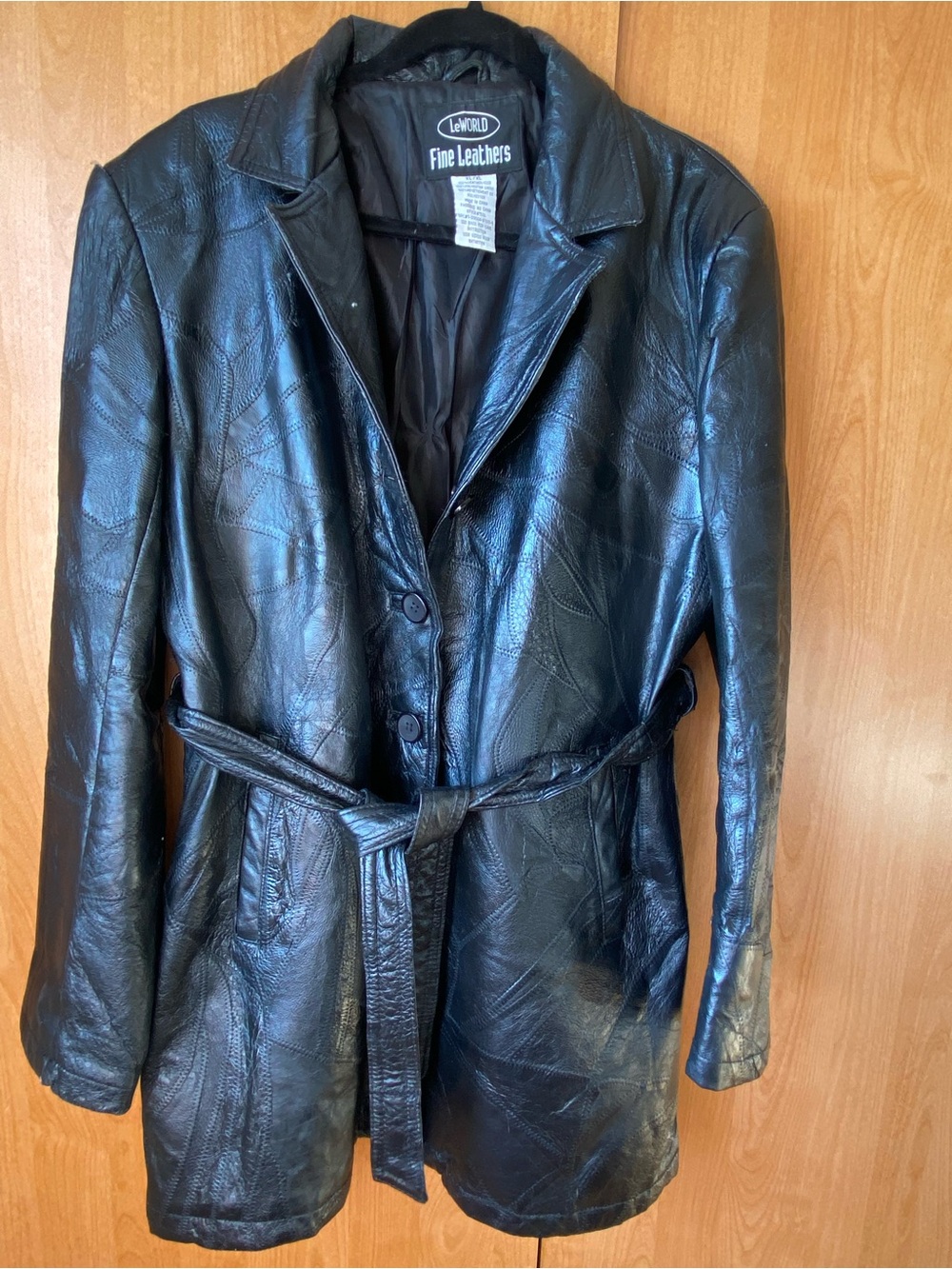 Vintage Patterned Black Leather Belted Coat